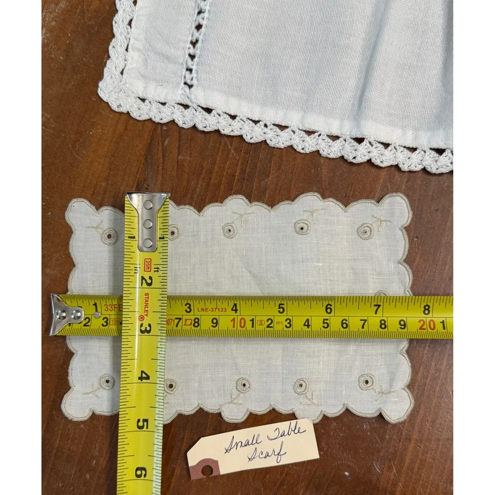 Vintage Battenberg Lace and Crocheted Linen Table Scarf Doily Set 4pc White